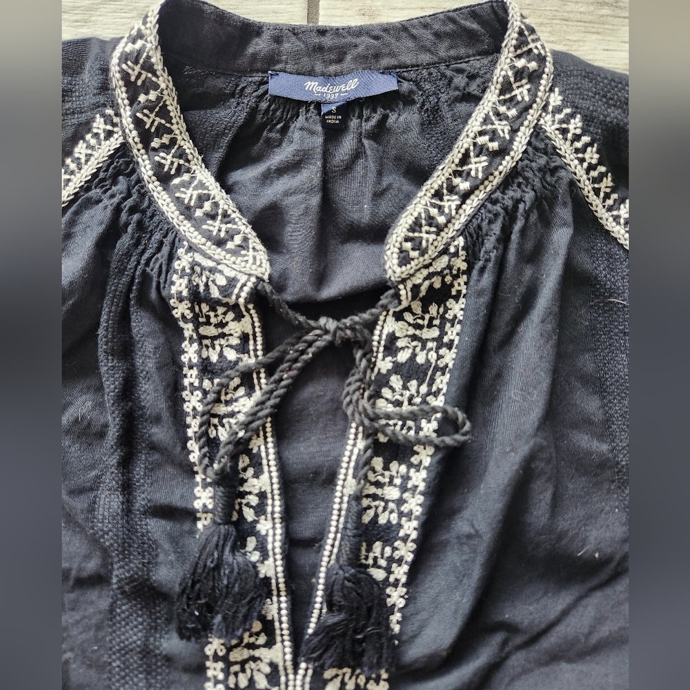 MADEWELL Black Embroidered CAMELIA Tassel Tunic Hippie Boho Top Small Peasantโ - Picture 9 of 16